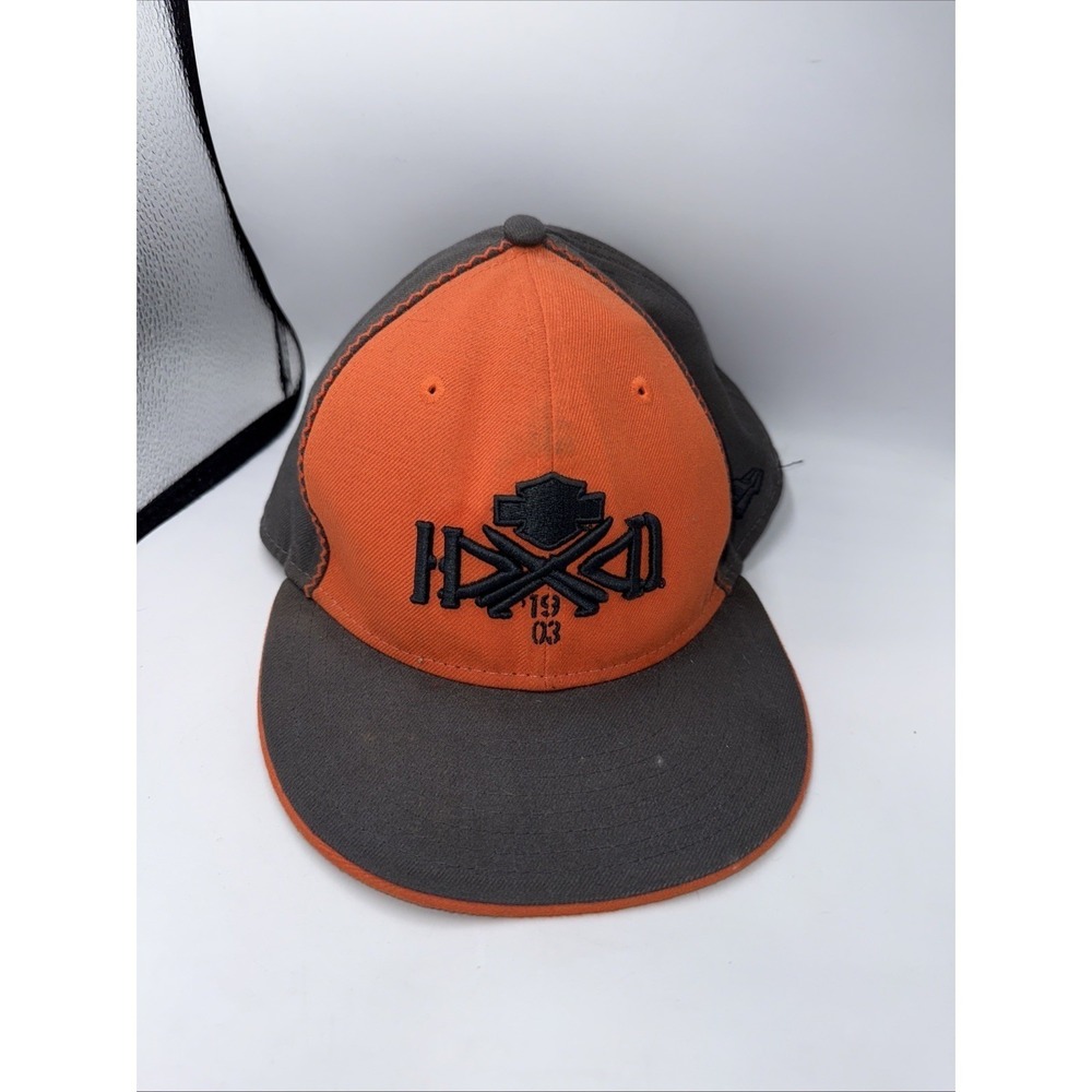 Harley Davidson Motorcycles New Era 59FIFTY 7 3/8‎ L Fitted Hat Cap Gray Orange